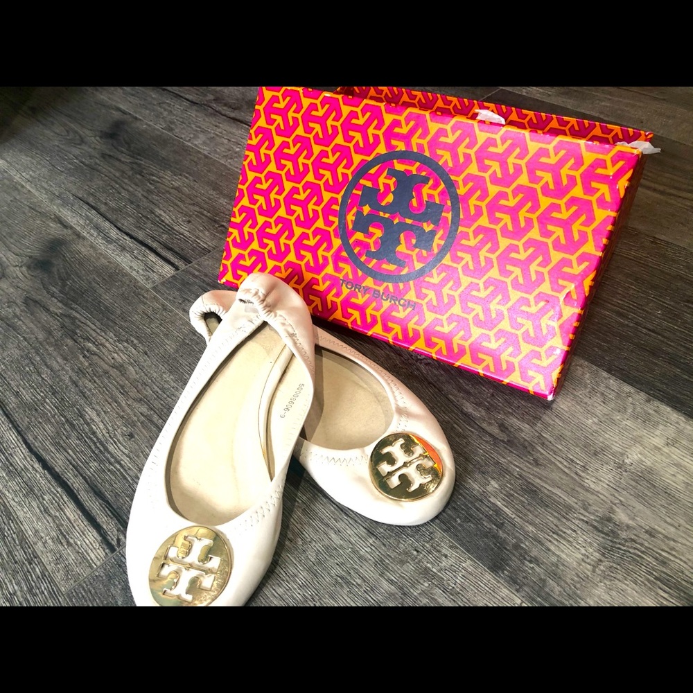 Tory Burch stone colored flats.